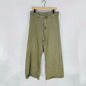 Zara Women’s Army Green Denim Sailor Pants Size 14 Wide Leg Raw Hem